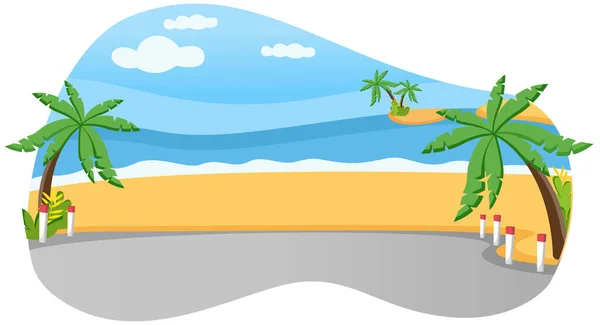 Тропическое побережье. Пальмы на пляже возле дороги на острове на фоне моря и голубого неба с облаками — стоковый вектор