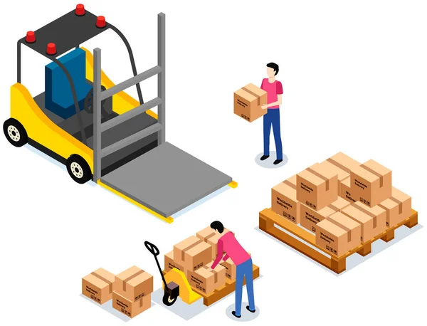 Worldwide sales concept. Worker loading boxes on carrier. Man holding box, put it on stack — Stock Vector