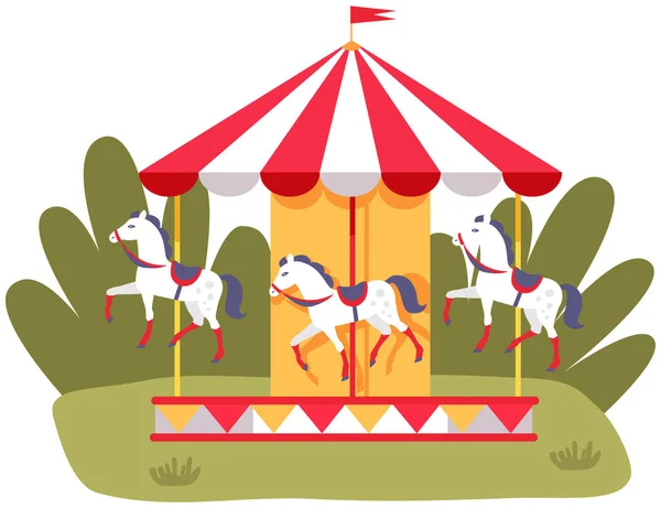 Kolotoč se třemi barevnými koňmi na hřišti. Venkovní zábava pro děti v parku — Stockový vektor