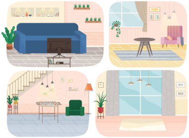 Düz dizayn iç tasarım. Dairedeki mobilyaların planlanması ve düzenlenmesi. Oturma odası. Ev hayatı. Biçim evi