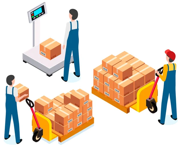 Peso de la carga, básculas, embalaje. Trabajadores cargando cajas en el transportista. Envío internacional desde China — Vector de stock