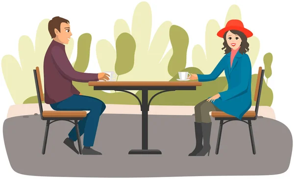 Young man and woman are sitting in outdoor cafe and drinking hot beverage on date together — Stock Vector