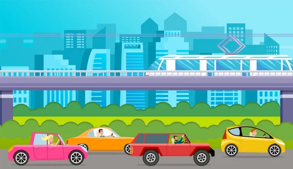 Οδηγοί σε αυτοκίνητα στο παρασκήνιο των σύγχρονων αστικών μεταφορών οδήγησης σε ασφαλτοστρωμένο δρόμο — Διανυσματικό Αρχείο