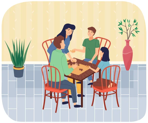 Familia feliz jugando juntos en casa. Puzzle juego de mesa, entretenimiento para padres e hijos. — Archivo Imágenes Vectoriales