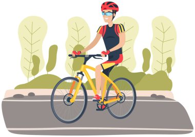 Miğferli ve spor kıyafetli bir adam parkta at sürüyor. Bisikletli erkek karakter dışarıda spor yapıyor.