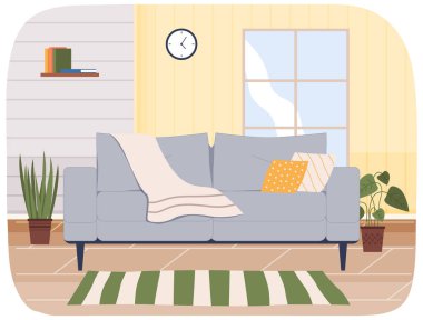 Oturma odasının iç tarafında yastıkları olan büyük, yumuşak, parlak bir kanepe. Evdeki mobilyaların düzenlenmesi