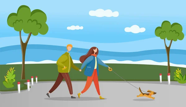 Happy promenade of owners with dog. Couple in relationship walking in forest with their pet. — Stock Vector