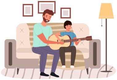Müzisyen çocuklara şarkı yapmayı öğretir. Gitar ve müzik dersi. Baba ve oğul birlikte oynuyorlar.