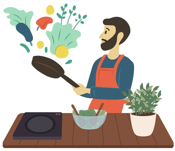 Tipo lanzando ingredientes de plato vegetariano. Carácter masculino con sartén y verduras — Vector de stock