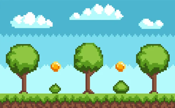Pixel游戏背景，硬币在天空中飘扬。Pixel art game scene with green grass and tall trees — 图库矢量图片