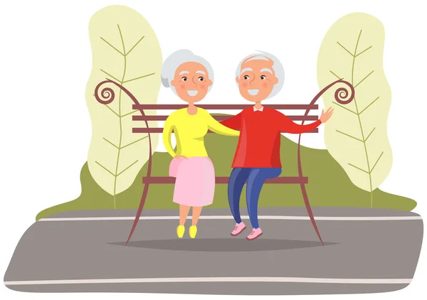 Elderly lovely couple spending time outdoors. Grandparents sitting together on bench in park — Stock Vector