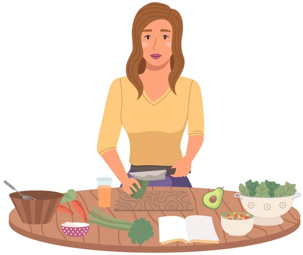 Frau bereitet Salat mit vegetarischen Zutaten in der Küche zu. Mädchen schneidet Gemüse für gesundes Gericht — Stockvektor