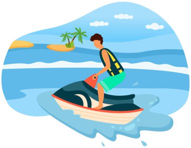 Deniz tatil köyünde aktif sporlar. Jet ski 'deki adam. Su motosikletine binen adam. Motosikletli erkek karakter