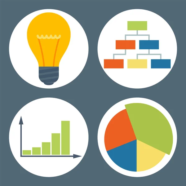 Företagsinfo grafiska ikoner. Vektor illustration färgat cirkeldiagram, glödlampa, blockdiagram, diagram — Stock vektor