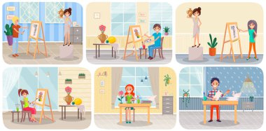 Sanatçı sahneleri set, tuval, boya, fırça, resim ve resim ile yaratıcı atölye