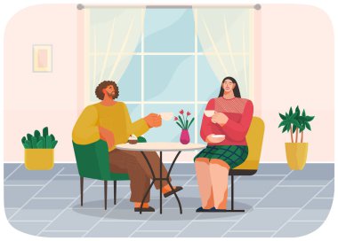 Erkek ve kadın restoranda kahve eşliğinde masada oturuyorlar. Evli çift evde çay içer.