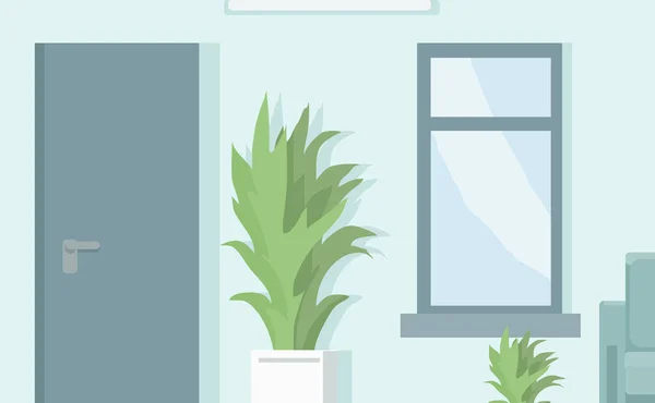廊下や窓のあるオフィスの漫画の空の背景、セラミックポットと閉じたドアの植物 — ストックベクタ