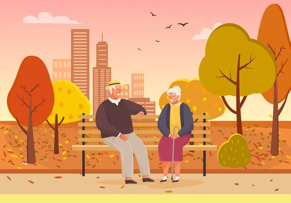 Ηλικιωμένο ζευγάρι περνούν το χρόνο τους στο πάρκο της πόλης το φθινόπωρο κάθεται στον πάγκο. Ειδύλλιο των ηλικιωμένων σε ημερομηνία — Διανυσματικό Αρχείο