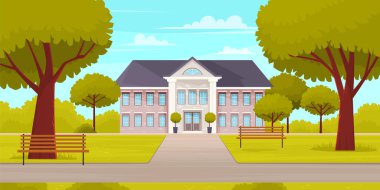 Yeşil eğlence parkı bölgesinde iş binası. Büyük merkezi girişi olan şehir merkezi.