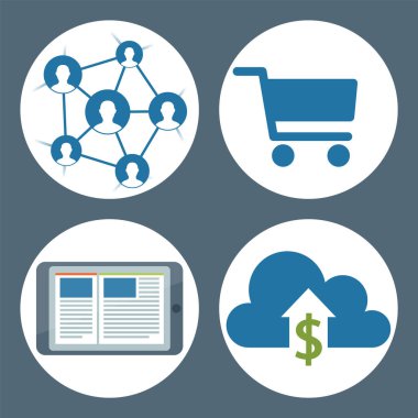 Bilgi işleme arka planı E-ticaret. İş konsepti simgeleri mobil pazarlama ve çevrimiçi alışveriş ayarladı