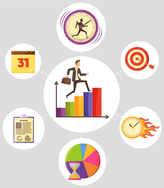 Time for success infographic business concept vector icons. Chart pathway and walking businessman — Stock Vector