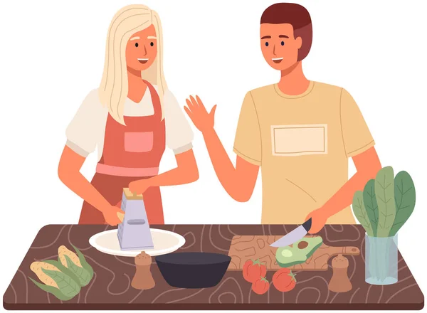 Couple preparing dish with vegetarian ingredients. Process of cooking healthy vegetable meal — Stock Vector