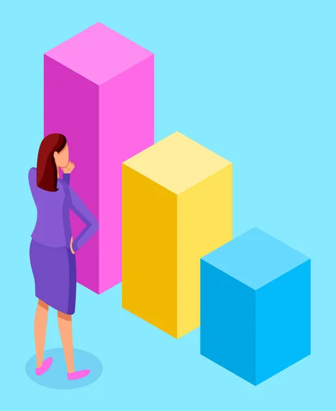 Задумчивая женщина стоит рядом с диаграммой, состоящей из вертикальной прямоугольной полосы, шаг растет график — стоковый вектор