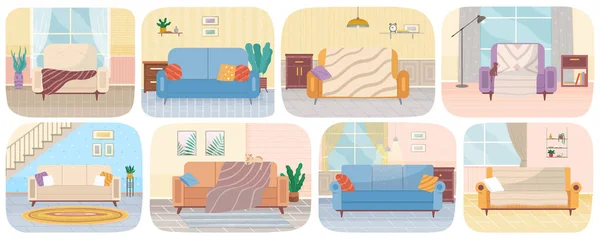 Σύνολο εικονογραφήσεων για το εσωτερικό του σαλονιού. Άνετο σαλόνι, καναπές για χαλάρωση — Διανυσματικό Αρχείο