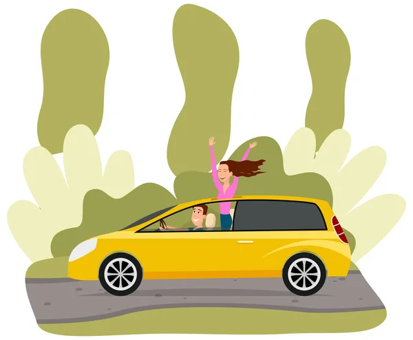 Pareja conduciendo automóvil amarillo en el fondo del paisaje de la naturaleza. Chica sale de la escotilla del coche — Vector de stock