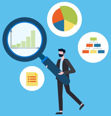 Büyüteçle çalışan erkek ofis çalışanı grafiği olan simgelerin istatistiklerini analiz eder, göstergeleri inceler