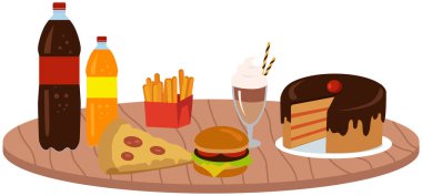 Fast food seti. Yağlı, sağlıksız, yüksek kalorili yiyecekler. Çizburger, pasta, pizza ve köpüklü içecekler.
