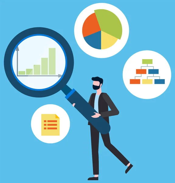 Homme employé de bureau avec loupe analyse les statistiques sur les icônes avec graphique, examine les indicateurs — Image vectorielle