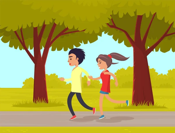 Młody mężczyzna i kobieta biegający razem w parku ćwiczą fitness. Ludzie biegający i uprawiający sport na świeżym powietrzu — Wektor stockowy