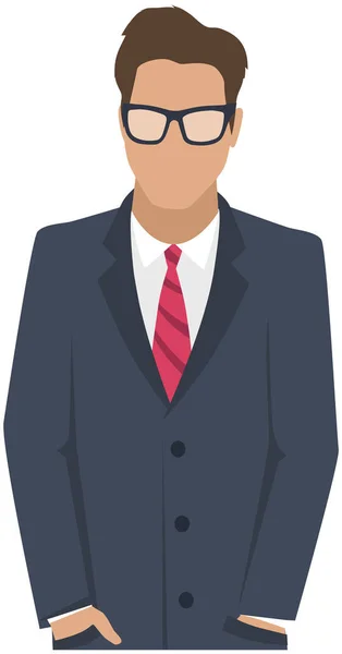 Empresário confiante em óculos e ilustração de vetor de roupa de escritório. Homem de terno escuro e gravata —  Vetores de Stock