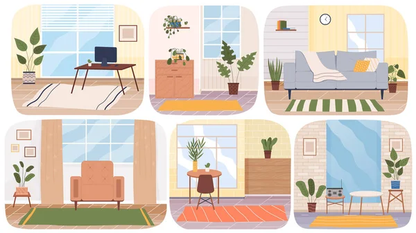 Eine Reihe von Illustrationen über die Anordnung der Möbel zu Hause. Wohnung Interieur Vektor Illustration — Stockvektor