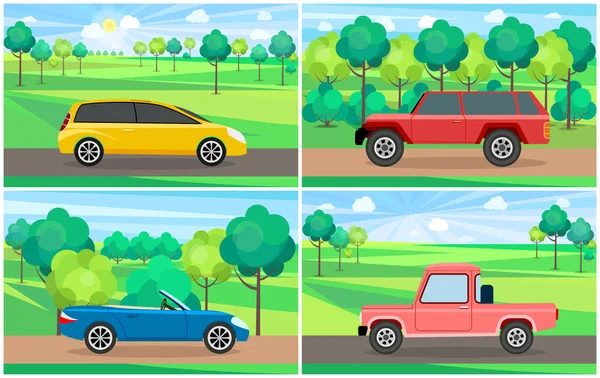 Ensemble d'illustrations sur les voitures de différents types sans conducteurs en arrière-plan de paysage naturel — Image vectorielle