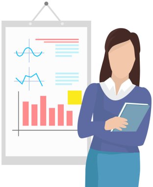 Kadın ofis çalışanı sunumdaki göstergeleri grafiklerle analiz ediyor, mali beyanname sunuyor
