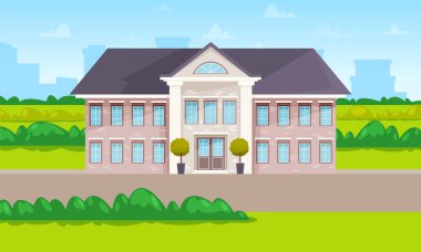 Mavi pencereli, çatısı yeşil manzaralı iki katlı bir bina. Bahçeli büyük bir huzurevi