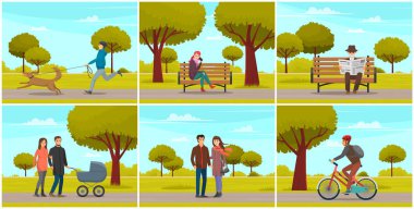 Şehir parkında yürüyüş yapan insanlar. Bebekli aile, bankta oturan kız, köpekli koşan adam.