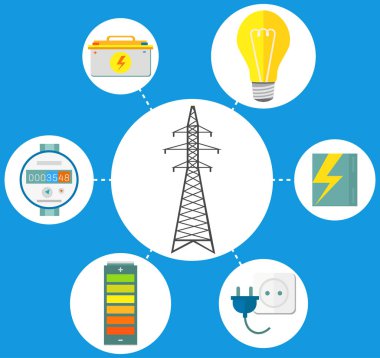 Mavi ve beyaz üzerine yüksek voltajlı siluet güç hattı. Elektrik teçhizatlı iletim kulesi