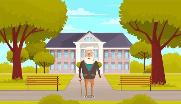 Starý muž s šedými vlasy a vousy stojící s holí v blízkosti pečovatelského domu v krásné zelené zahradě — Stockový vektor