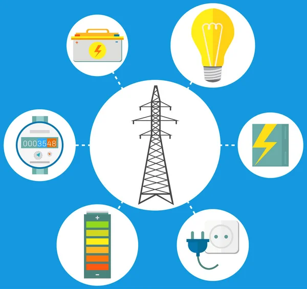 Línea de alimentación de alta tensión de silueta en azul y blanco. Torre de transmisión con electrodomésticos — Vector de stock