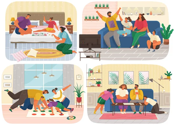 Комплект иллюстраций о семье с настольными играми в квартире. Домашние мероприятия и развлечения — стоковый вектор