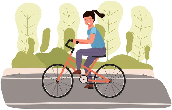 Girl riding in park. Woman rides bicycle on city road. Female character doing sports outdoors — Stock Vector