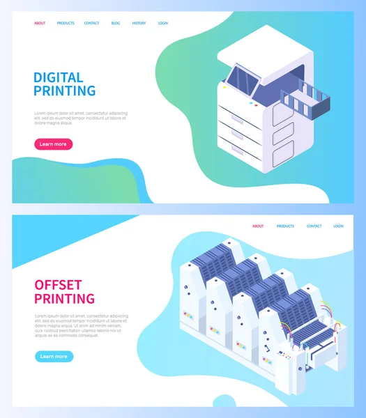 Serie di illustrazioni sul tema della stampa. Stampante isometrica e scanner. Layout del sito online — Vettoriale Stock