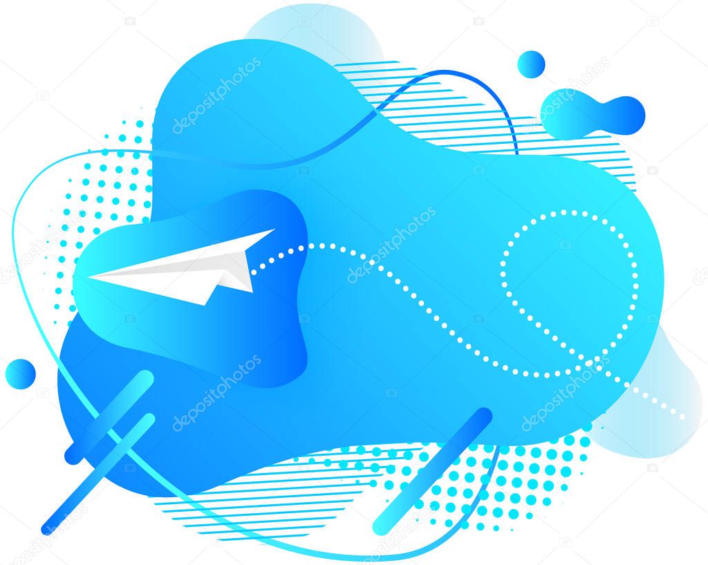 Abstract background with paper airplane in blue sky with chaotic lines and geometric shapes