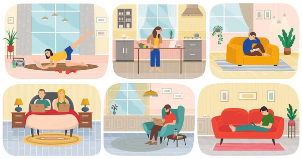 Les gens et leurs tâches ménagères quotidiennes et passe-temps série de personnes faisant leurs choses préférées — Image vectorielle