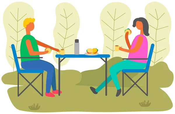 Young man and woman are sitting in outdoor cafe and drinking hot beverage on date together — Stock Vector