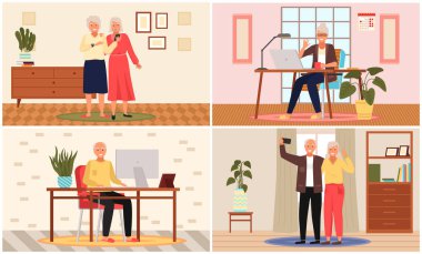 Yaşlı insanlar video oyunu oynar. Farklı aletleri olan yaşlı insanlar. Bilgisayarda eski eğitim