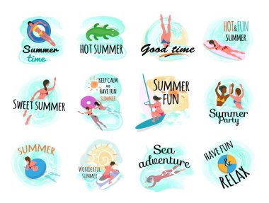 Yaz eğlencesi ve etkinlik amblemi dizaynı, suda çeşitli durumlardaki kadın ve erkekler